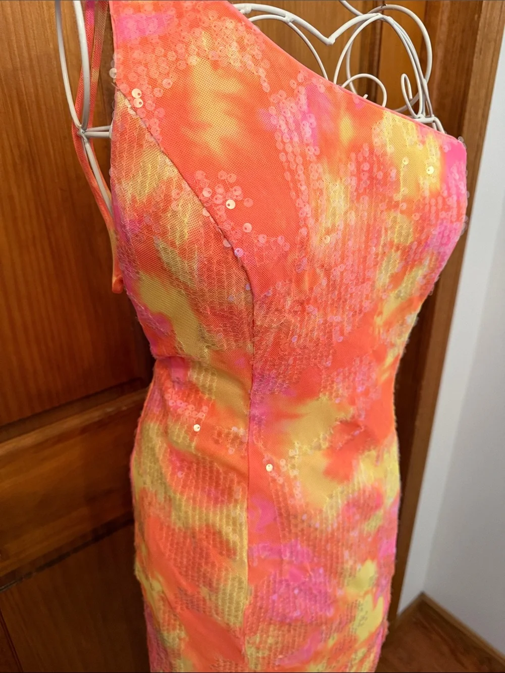 Clarissa cocktail One-Shoulder Neon Tie-Dye Sequin Bodycon Dress - Pink/Orange